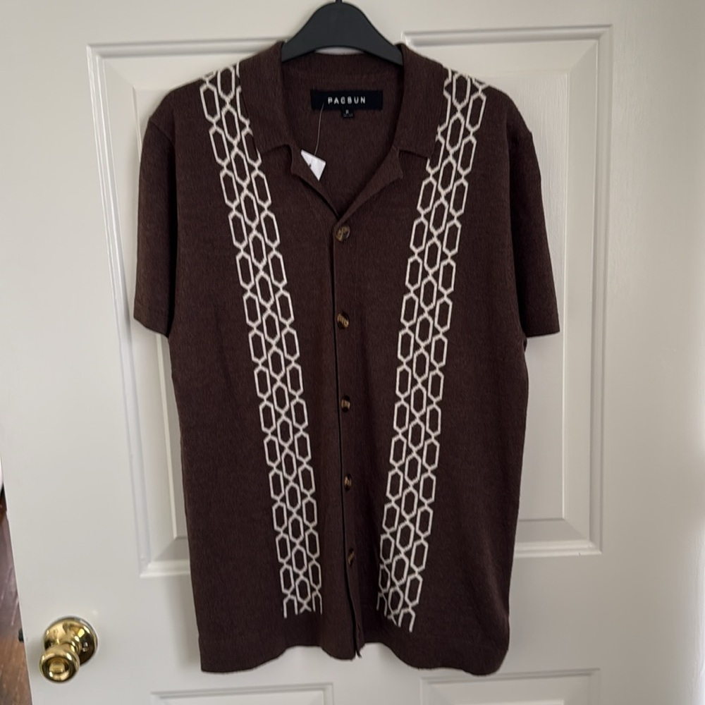 PacSun Brown Jacquard Knit Button-Up Shirt - Size Medium - NEW - Picture 10 of 11